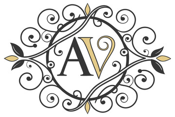 Elegant monogram with letters a and v in ornate frame