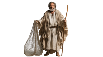 Simeon the Elder full body on transparent background, elderly biblical man in temple garments gently cradling infant Jesus, isolated New Testament figure PNG.