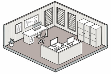 Isometric illustration of a modern office space with desks and cabinets