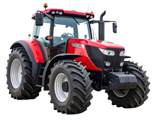 Obraz premium Side View of Heavy-Duty Red Tractor with Cabin and Massive Tires, Agricultural Equipment PNG