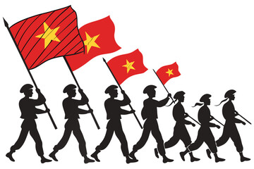 Silhouettes of people marching with vietnamese flags