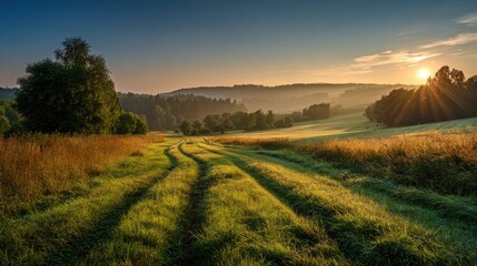 Obraz premium Golden sunlight breaks through the trees, illuminating a tranquil countryside. Winding paths cut through lush green grass, surrounded by gentle hills and morning mist.