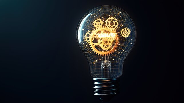 Glowing light bulb filled with gears and circuits, symbolizing innovation and collaboration.