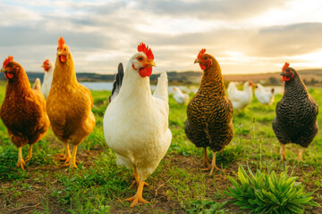  AI-Generated image. A lively group of chickens roam freely on a grassy field during sunset.