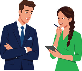Professional business interview illustration with smiling man and woman, formal attire, corporate conversation, notepad, vector art, white background