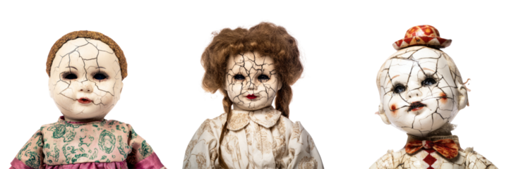 Creepy vintage dolls with transparent background for halloween spooky display ideas
