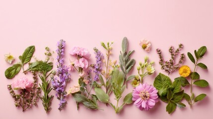 Fototapeta premium A vibrant collection of various flowers and foliage displays their natural colors and shapes against a soft pink backdrop. This composition highlights the beauty of botanical diversity.