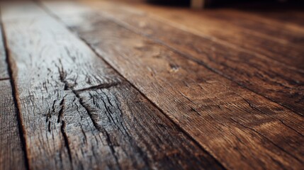 Obraz premium Natural wood flooring showcases rich texture and warm tones in a well-lit space. The rustic surface highlights unique grains and patterns that enhance the ambiance.