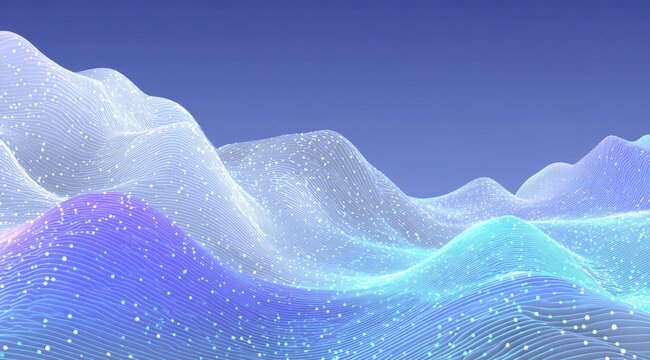 Blue background,abstract digital landscape with flowing lines and dots, representing the concept of data flow in artificial intelligence