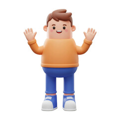 Cartoon Man with Arms Raised in Orange Sweater and Blue Pants Illustration on Transparent