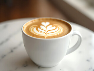 White ceramic mug with heart-shaped latte art on marble surface and blurred cozy indoor background.