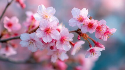 Obraz premium Delicate cherry blossoms are blooming on a branch, bringing vibrant pink hues to the scene. This beautiful display marks the arrival of spring, attracting onlookers to the floral spectacle.
