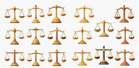 Collection of golden scales of justice in various styles, symbolizing law and fairness.