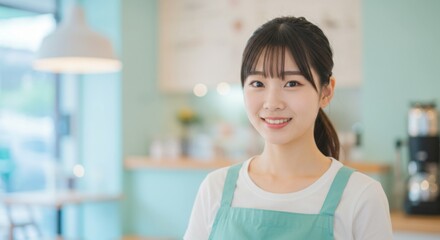 Korean woman serving in café with a smile and friendly demeanor  