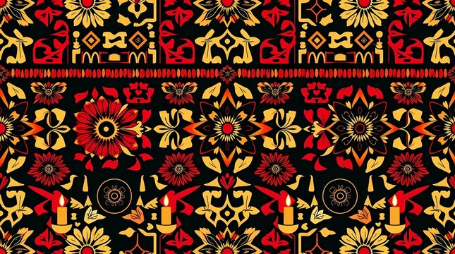 Traditional Ethnic Seamless Floral Pattern in Red and Yellow on Black Background. Seamless ethnic-inspired floral and geometric ornamental pattern featuring vibrant red and yellow motifs 
