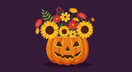 Pumpkin vase filled with colorful flowers for Halloween decoration  
