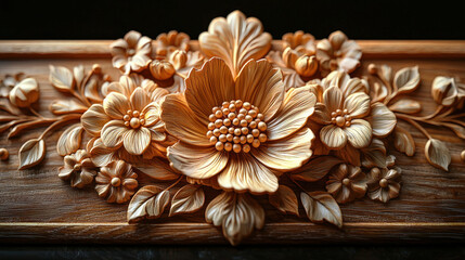 Fototapeta premium Intricate floral wood carving artisan studio decorative art indoor close-up craftsmanship showcase