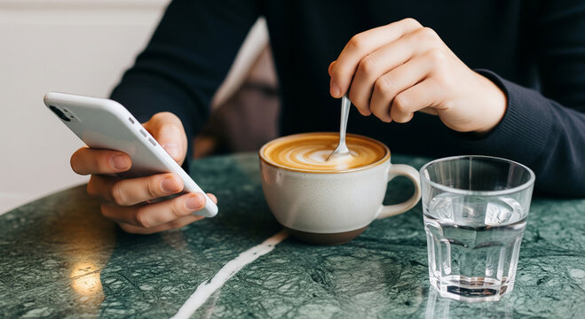 Woman stirring coffee while using her smartphone at a cafe, capturing a moment of relaxation and connection in a modern, casual setting
