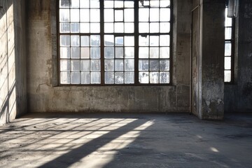 Factory interior with big windows, shadows