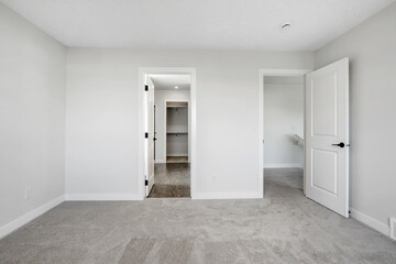 White bedroom with a closet and a bathroom