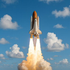 AI-Generated image. A powerful space shuttle ascends into the sky, trailing bright flames and thick clouds of smoke from its boosters.