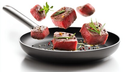 Floating cubes of marbled steak are being cooked in a black frying pan. Fresh herbs and spices enhance the raw quality of the meat, emphasizing a gourmet culinary experience.