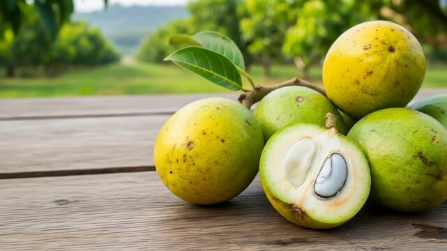 Freshly harvested green and yellow star apples, with one cut open to show the white pulp and seed, resting on a rustic wooden table in an outdoor setting.