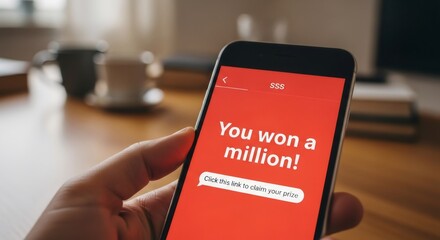 Hand of a man holding a smartphone with fake "You won a million!" lottery message. Online scam and fraud concept using digital phishing link.