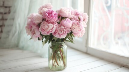 Fototapeta premium A vibrant bouquet of soft pink peonies is displayed in a clear glass jar, capturing natural light from a nearby window in a rustic indoor space.