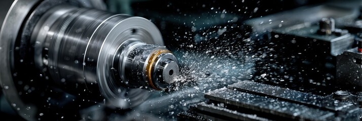 Precision machining process in a metal workshop shows a metal part being shaped with coolant spraying