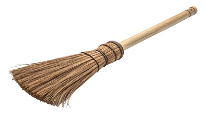 Closeup of a traditional broom with a wooden handle and natural bristles isolated on transparent background, perfect for cleaning and sweeping