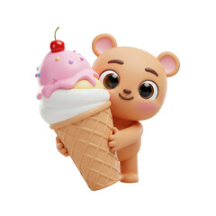 Cartoon Teddy Bear Hugging Large Ice Cream Cone on Transparent Background