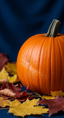 Close-up of orange pumpkin on blue background, surrounded by autumn leaves.  Represents harvest, autumn, Thanksgiving, fall season