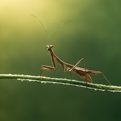 close up of a green grasshopper on the branch in forest.close forest.