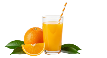 A refreshing glass of orange juice symbolizing vitality and healthy mornings next to fresh on transparent background