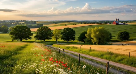 Obraz premium Serene Countryside Landscape with Rolling Hills and Farmland.
