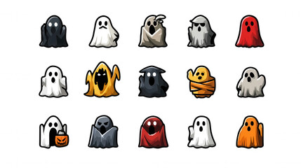Fifteen funny spooks with different outfits. Transparent PNG