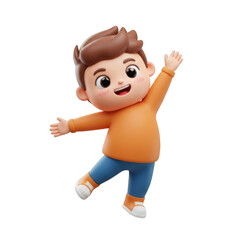 Joyful Cartoon Boy with Brown Hair in Orange Sweater and Blue Jeans Illustration Isolated on