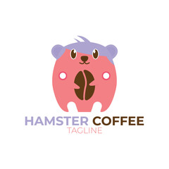 Logo cute Hamster Holding the coffee beans Cartoon Vector Icon Illustration. Animal Nature Icon Concept Isolated Premium Vector. Flat Cartoon Style. logo template for coffee shop and cafe.