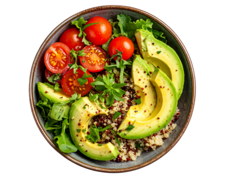 Minimalist Salad Bowl with Quinoa, Avocado, and Tomato on White, Modern Clean Style PNG