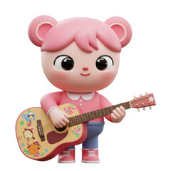 Cheerful Pink Cartoon Character Playing Acoustic Guitar on Transparent Background Render