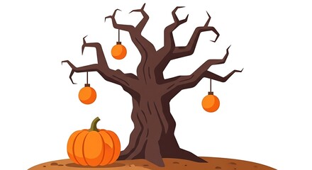 Spooky halloween tree with pumpkins and lanterns