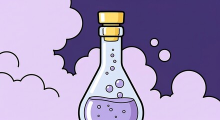 Bubbling purple liquid in a laboratory flask with a cork stopper and swirling mist