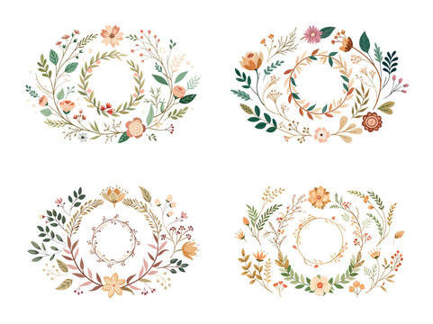 Collection of four unique floral wreath arrangements with assorted flowers and foliage