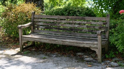 A rustic wooden bench rests amidst vibrant green bushes and trees, inviting relaxation in a peaceful outdoor location. The sunlight filters through the leaves, creating a serene atmosphere.