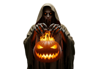 A hooded figure holds a glowing jack-o'-lantern, engulfed in flames, against a dark background. The figure's menacing presence and the eerie light create a haunting Halloween scene.