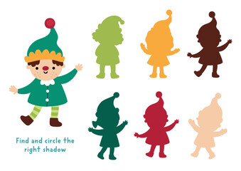 Naklejka premium Christmas village shadow matching activity with cute elf. Winter holiday puzzle with traditional character. New Year find correct silhouette printable worksheet, game