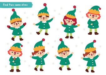 Find two same elves. Christmas matching activity for children. Winter holiday educational quiz worksheet for kids for attention skills. New Year printable game with cute dwarfs
