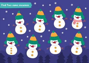 Find two same snowmen. Christmas matching activity for children. Winter holiday educational quiz worksheet for kids for attention skills. New Year printable game with cute night snowy scene