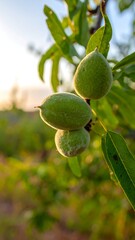 Fresh green almonds on branch